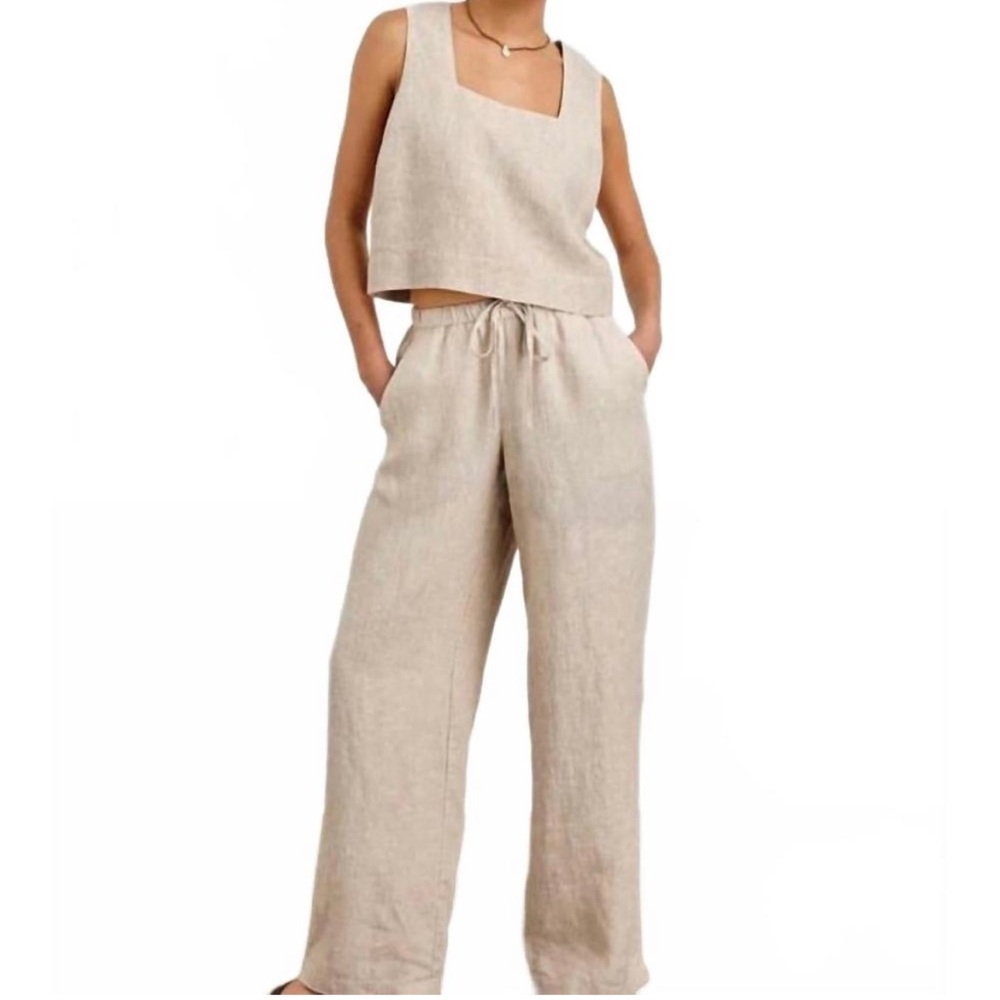 New RAILS Emmie Wide Leg Linen Pant in Heathered Flax Pockets Drawstring Sz S